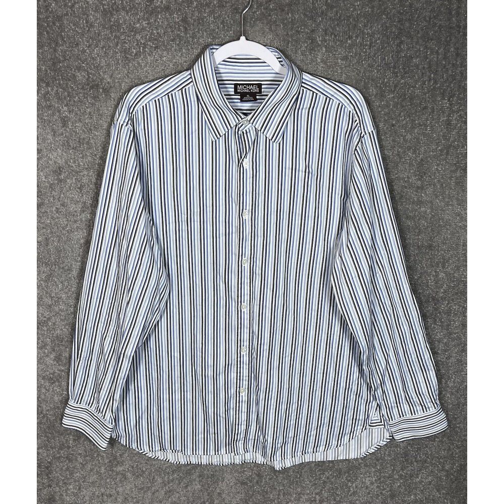MICHAEL Michael Kors Shirt Men Size XL Blue Striped Cotton Long Sleeve Button Up